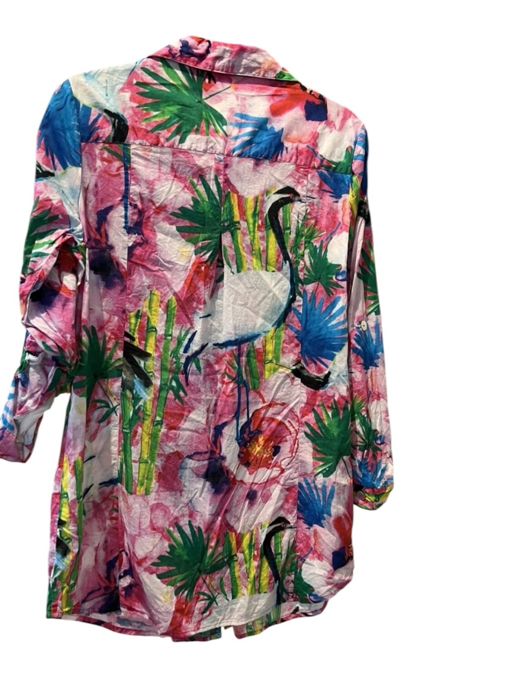 Soft Surroundings XL Tropical Bird Floral Button Front Roll Tab Blouse Colorful - Picture 13 of 13
